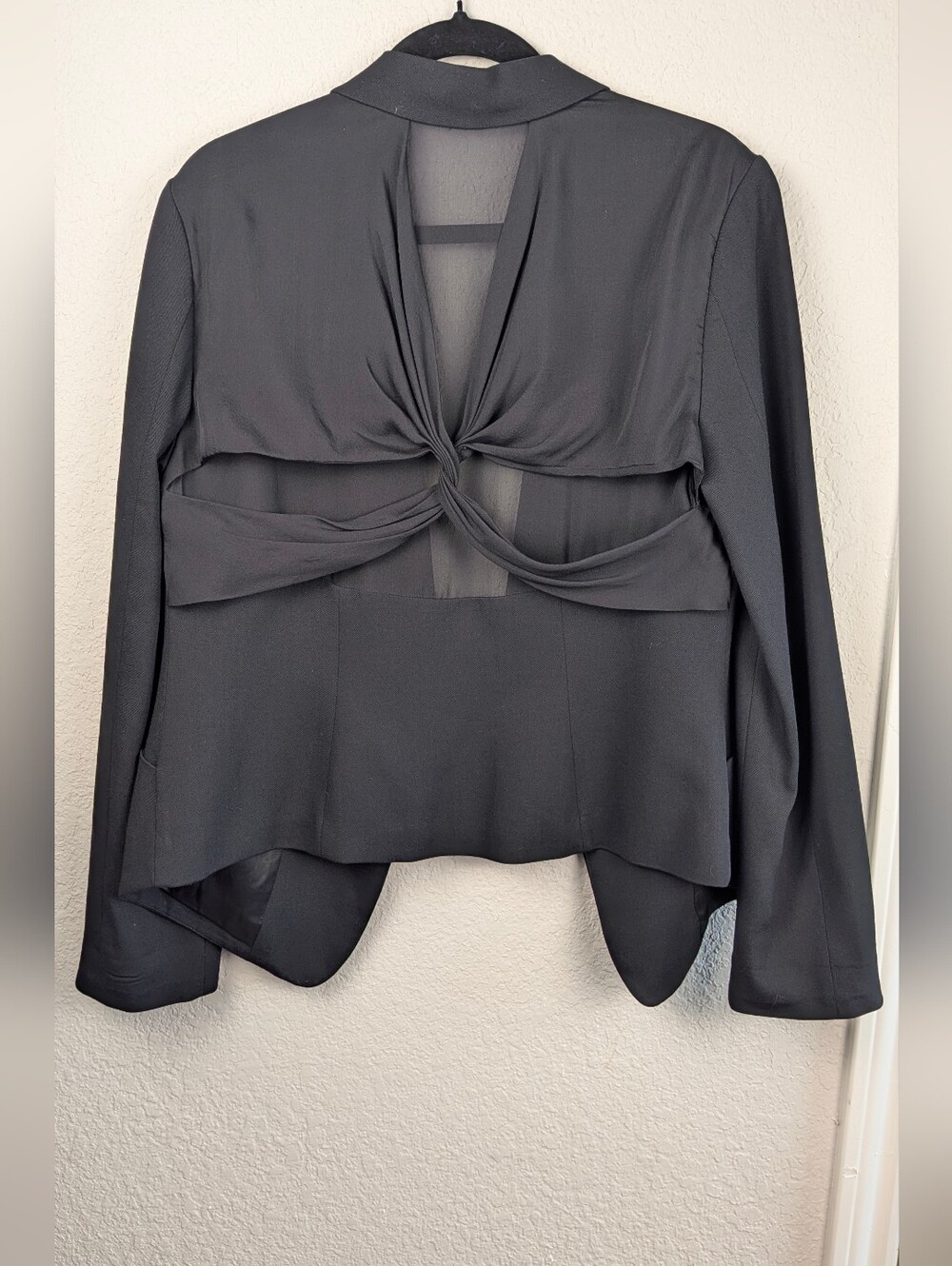 BCBGMAXAZRIA Wool Silk Blazer L Black Drapey Front Sheer Knotted Back Chic READ
